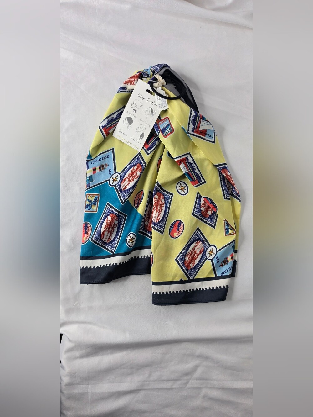 Anthropologie Cape Cod Lobster Postage Stamp Print Silk Scarf Hair Tie NWT